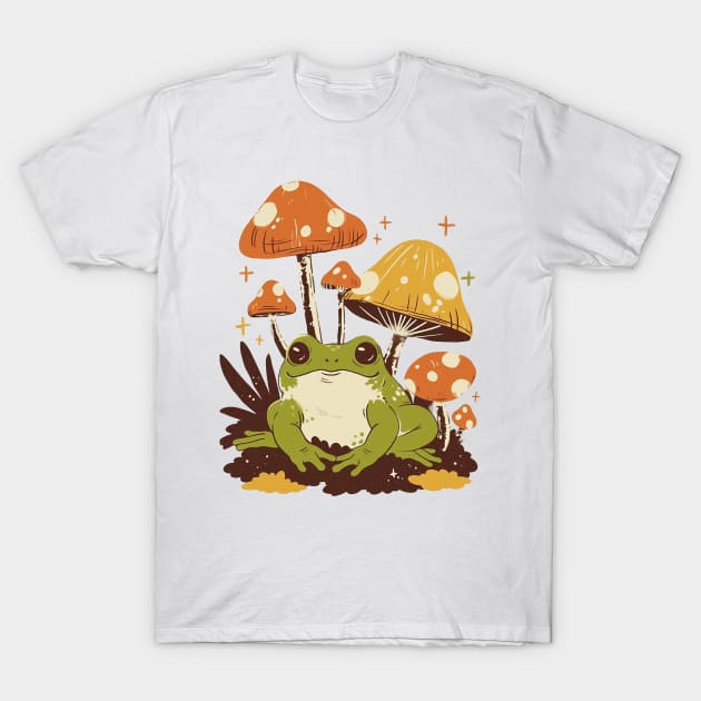 Cute Frog and Mushroom Garden T-Shirt by Trippycollage